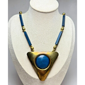 Vintage 30" Big & Bold Chunky Necklace Teal Blue Wood Brass Triangle Statement